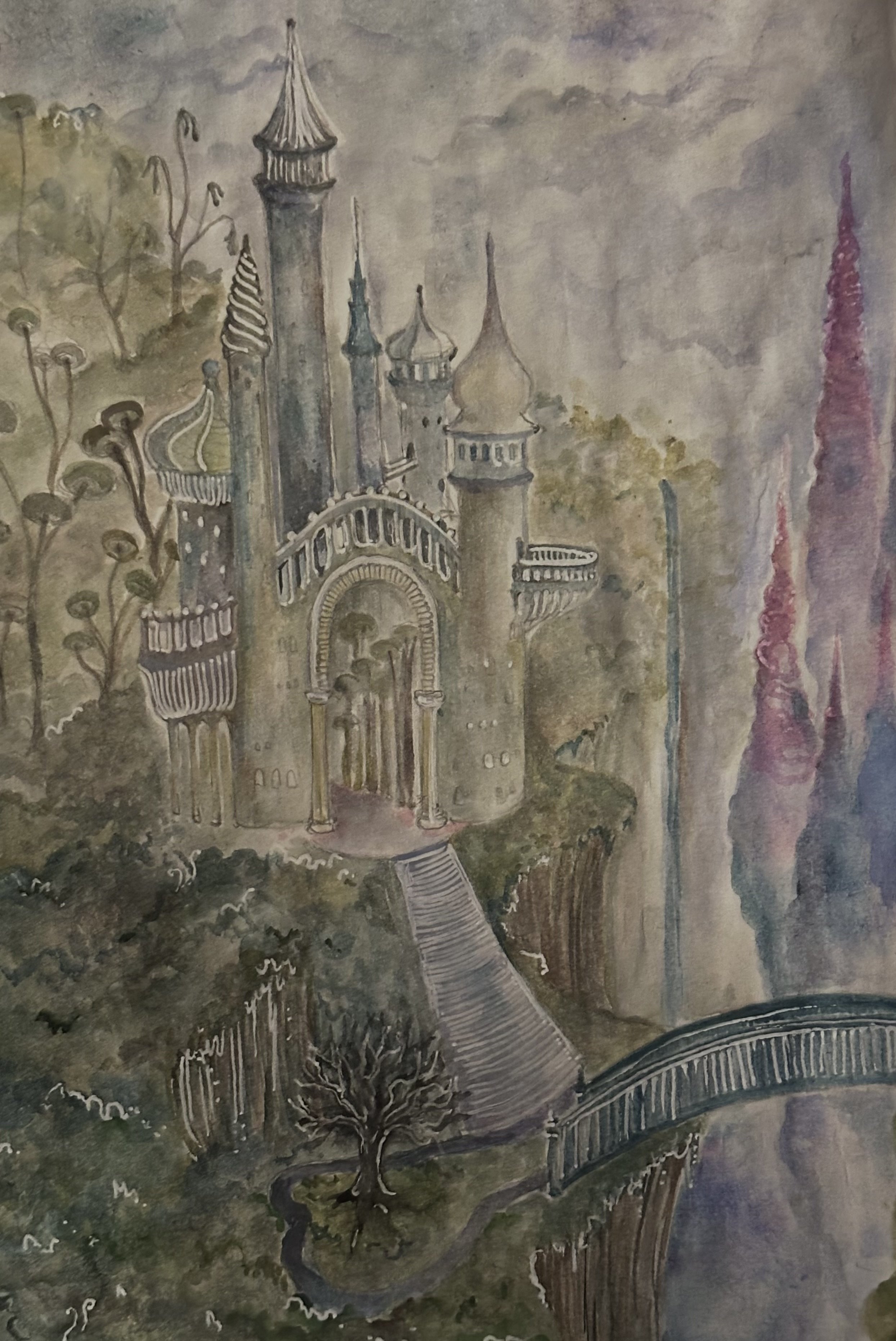 A detailed watercolor painting of a fantasy castle with towers and spires, surrounded by lush greenery, trees, and a winding stone bridge underneath a cloudy sky.