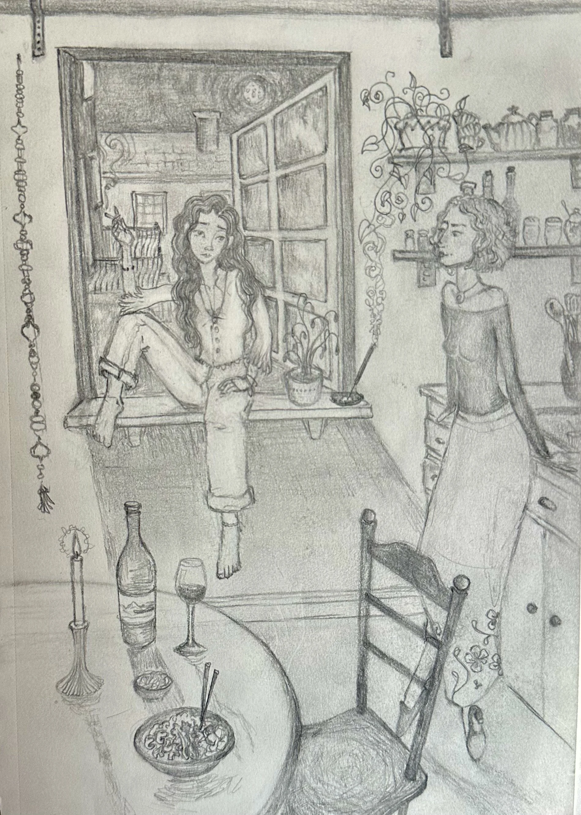 A detailed pencil sketch of a cozy indoor scene with two women in a kitchen or cafe setting. One woman with long, curly hair is sitting on a windowsill, holding a cigarette, with a relaxed pose. The other woman with short, curly hair is standing, facing her. The background includes shelves with jars, a potted plant, and an open door or window showing another room or courtyard with a broom and railing. There are bottles, a bowl of food with chopsticks, and candles on the table and floor.