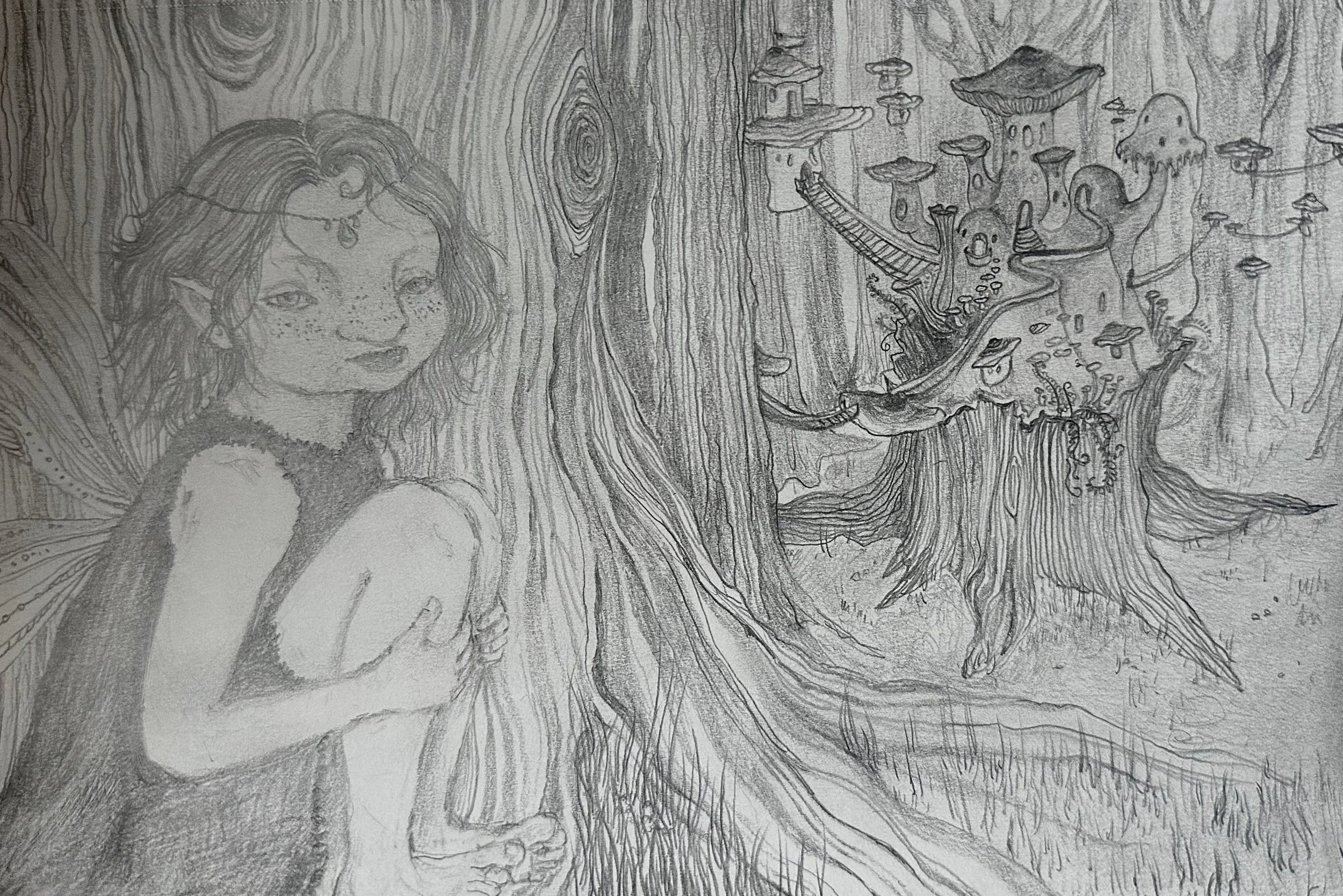 A pencil sketch of a fairy with butterfly wings standing near a tree with a door and windows. To the right, there is a whimsical house built into the tree, with mushroom-shaped roofs and a ladder leading to the entrance.