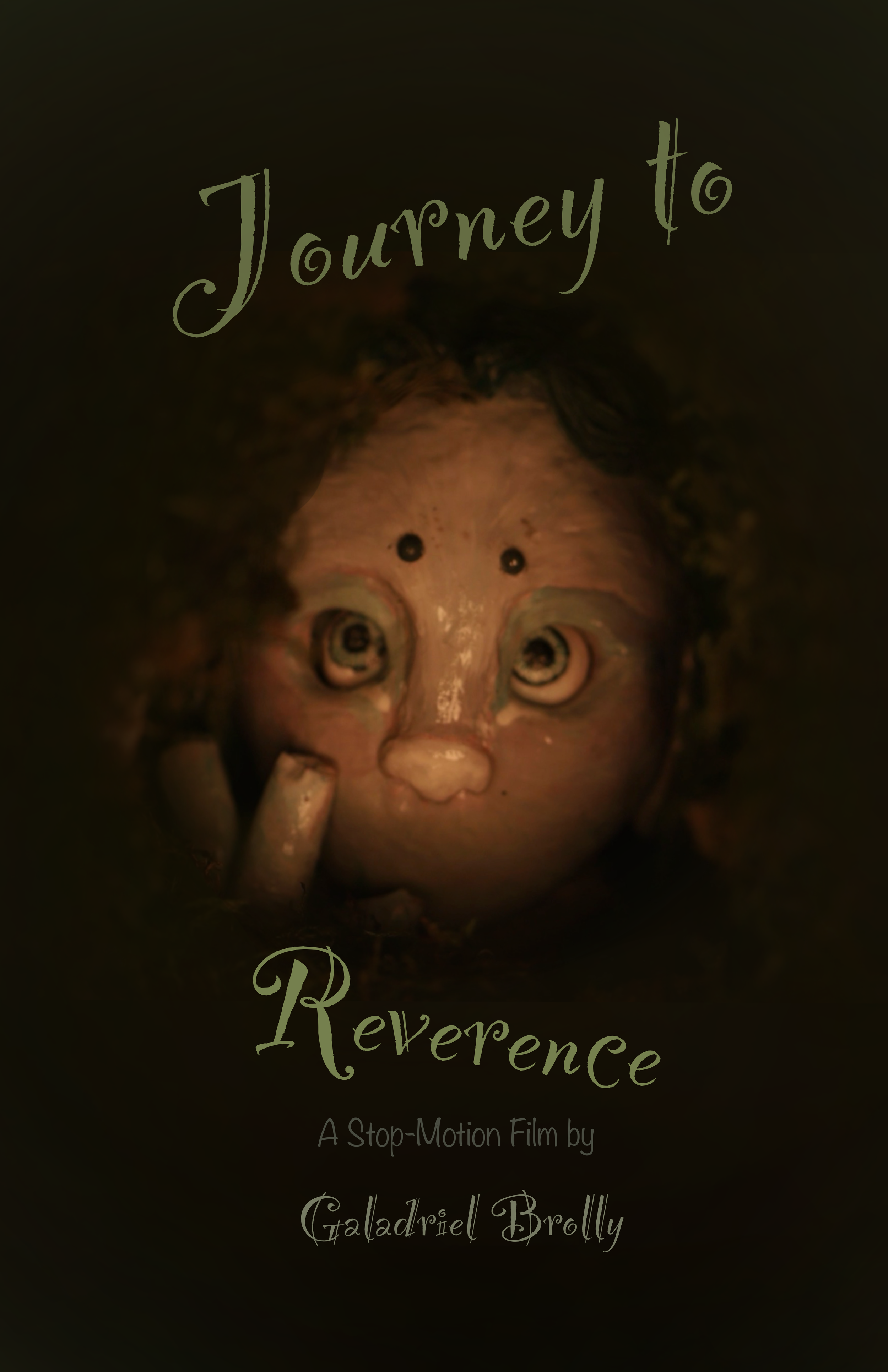 A book cover titled "Journey to Reverence" featuring a surreal illustration of a baby's face with curly hair and eyes wide open, with handwritten-style text and a dark background.