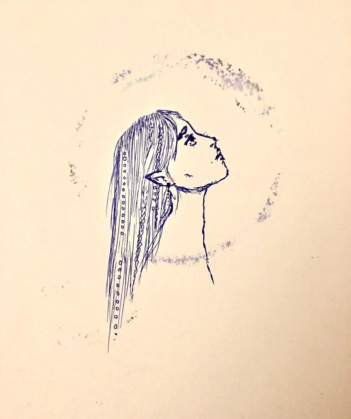Line drawing of a female elf with long, braided hair, pointed ears, and a contemplative expression, with a circular, watercolor-like background.