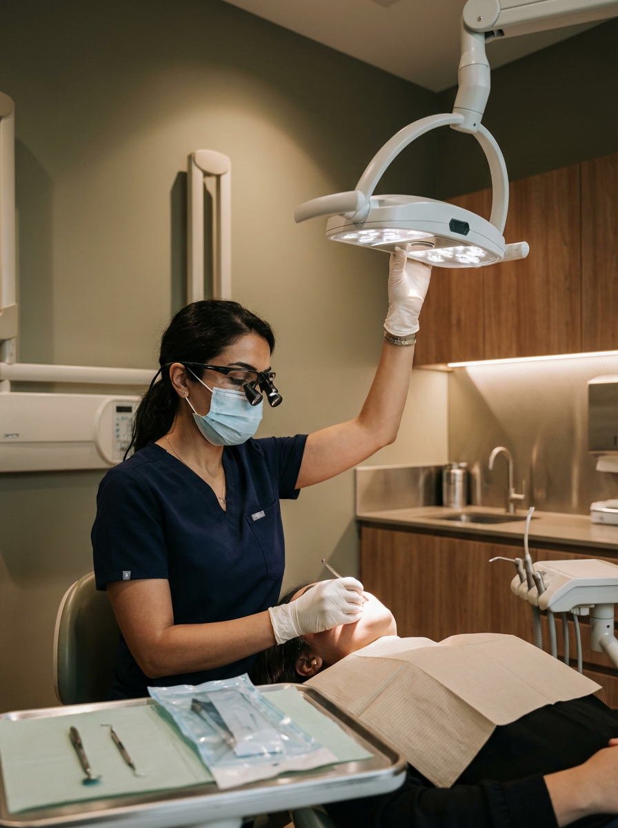 Dentist in protective gear performing dental surgery on a patient in a dental clinic.