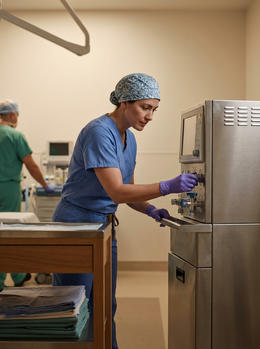 A female healthcare professional in blue scrubs, wearing a patterned surgical cap and purple gloves, operating medical equipment in a hospital room.
