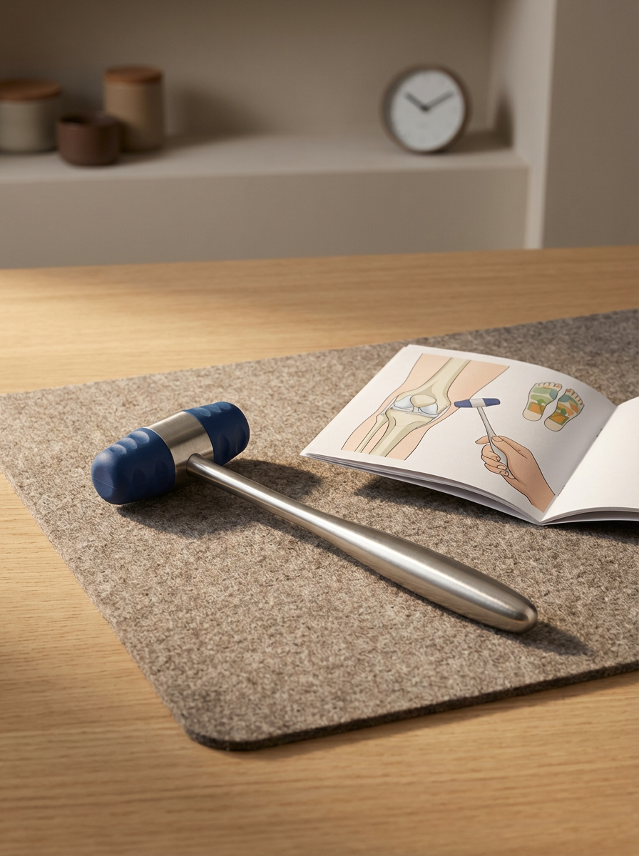 A diagram of a knee joint on an open booklet, a blue and silver hammer, on a gray felt mat on a wooden table, with a white clock and small jars in the background.