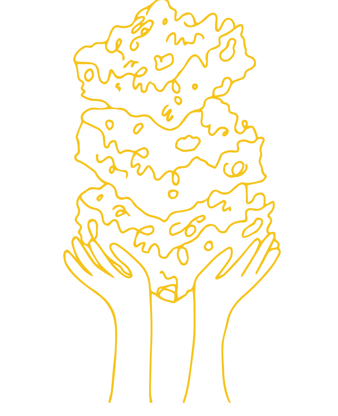 Yellow line drawing on black background of two hands holding a stack of three pieces of lettuce