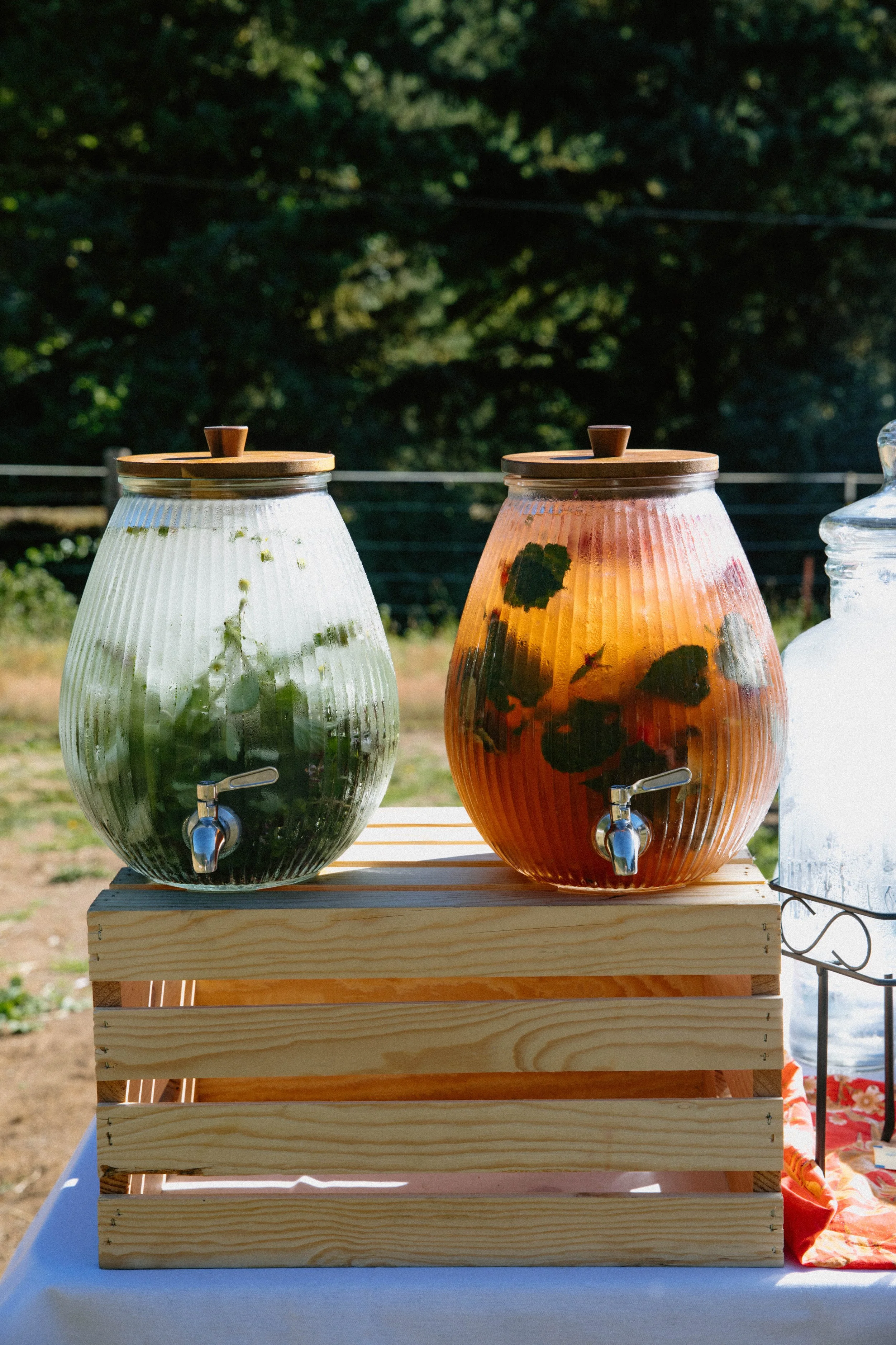 Three glass beverage dispensers with wooden lids and spigots, filled with different colored liquids, on a wooden stand outdoors with greenery in the background.