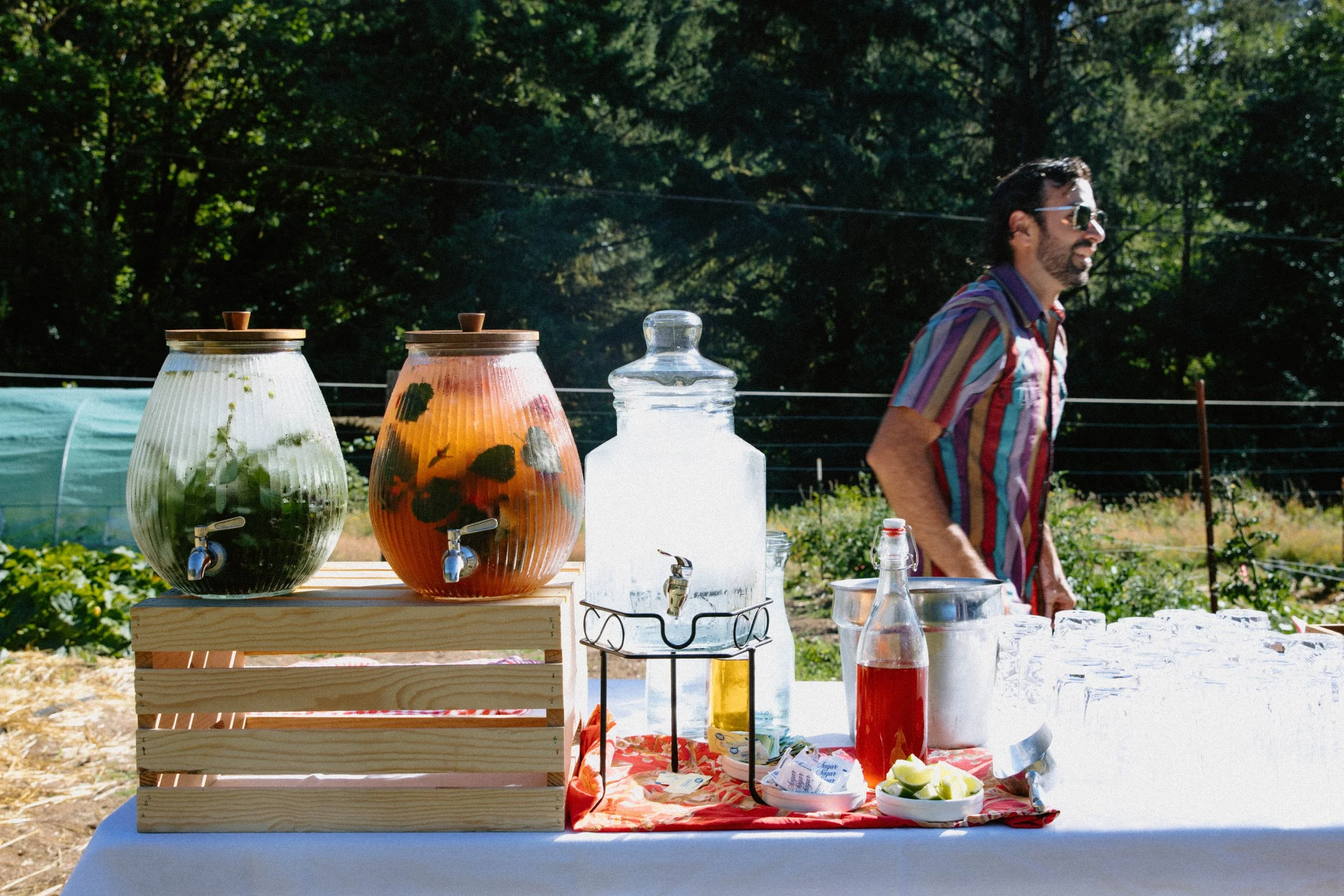 Outdoor beverage station with glass dispensers containing infused water, surrounded by bottles and cups, set in a natural setting with trees in the background and a man in sunglasses and a colorful striped shirt smiling.