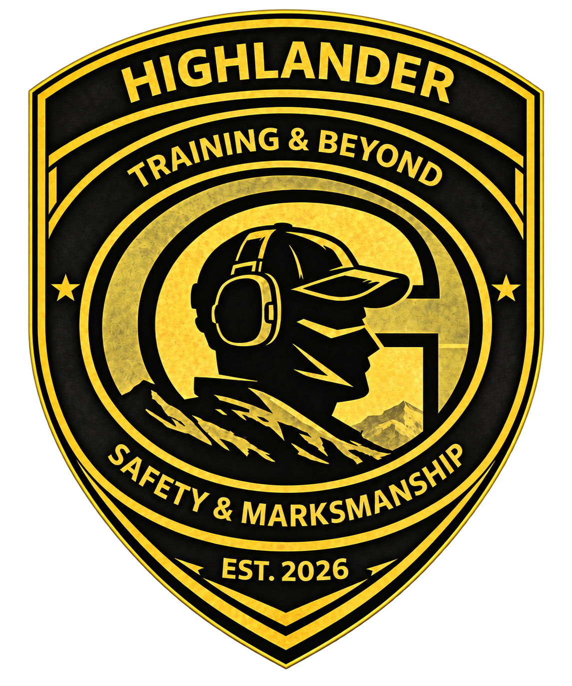 A badge for Highlander Training & Beyond, emphasizing safety and marksmanship, established in 2026. The badge features a silhouette of a person wearing hearing protection and a cap, with mountains in the background.