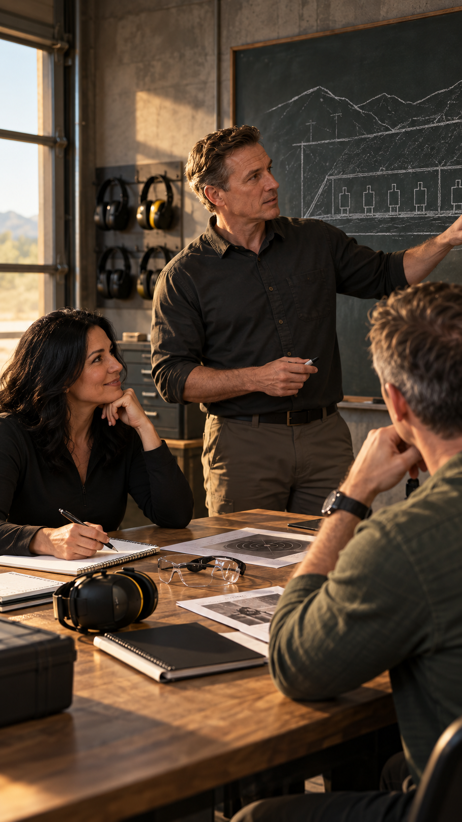 A man standing and giving a presentation to two seated people in a meeting room with a blackboard containing a sketch of shooting range and headphones on the wall, and sunlight coming through a window.
