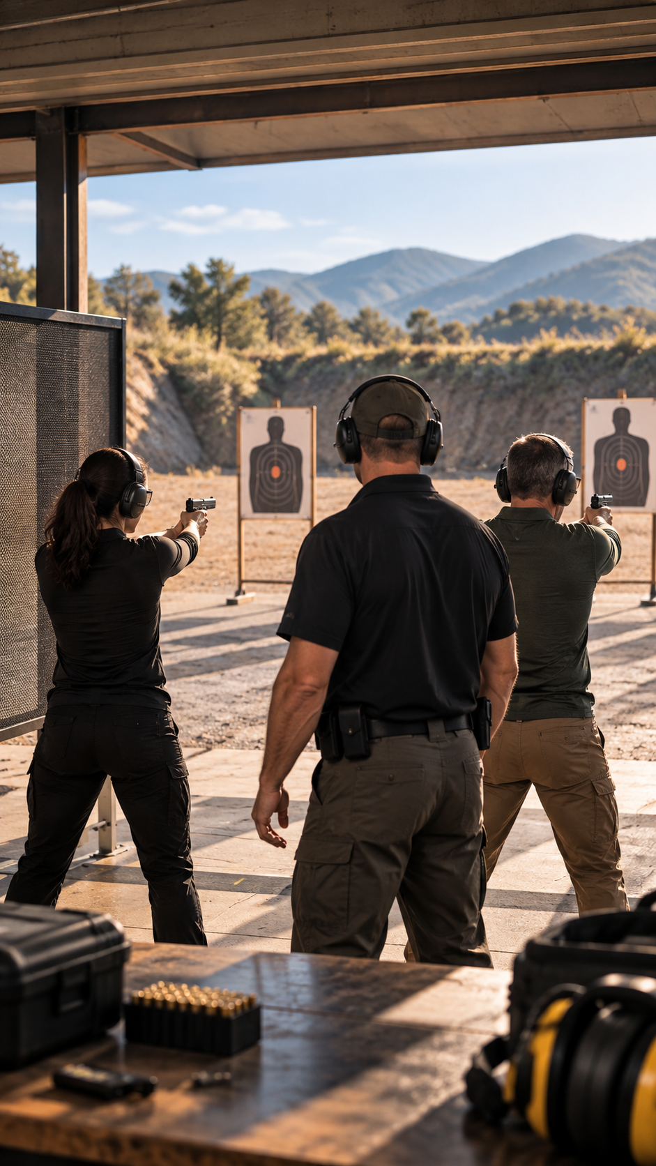 People participating in a shooting range practice, aiming handguns at targets with mountain scenery in the background, under a covered outdoor structure.