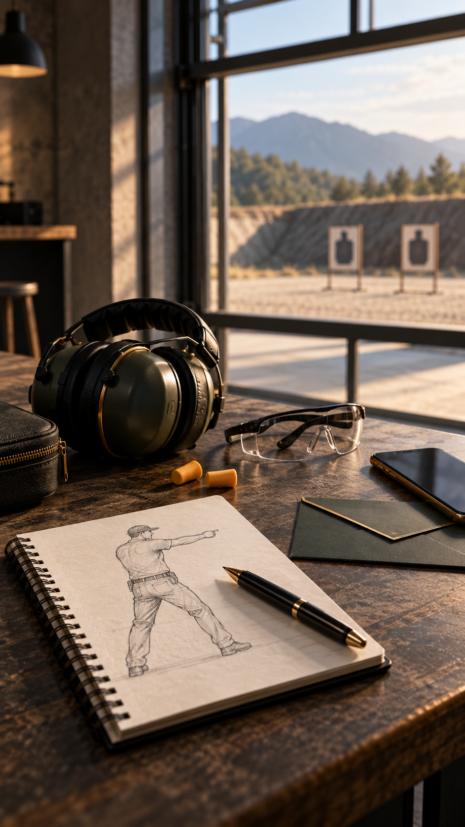 Sketch of a shooter practicing standing stance in a sketchbook, surrounded by shooting range equipment such as earmuffs, a pen, a phone, and a small notebook, on a table near a window overlooking a shooting range with targets.