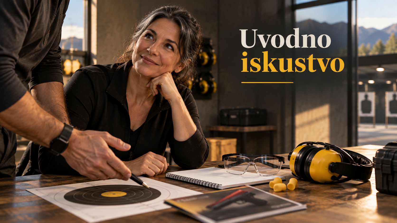 A woman at a shooting range sitting at a table with hearing protection, a notepad, safety glasses, and a shooting target, while a man points to the target. The text on the right says 'Uvodno iskustvo'.