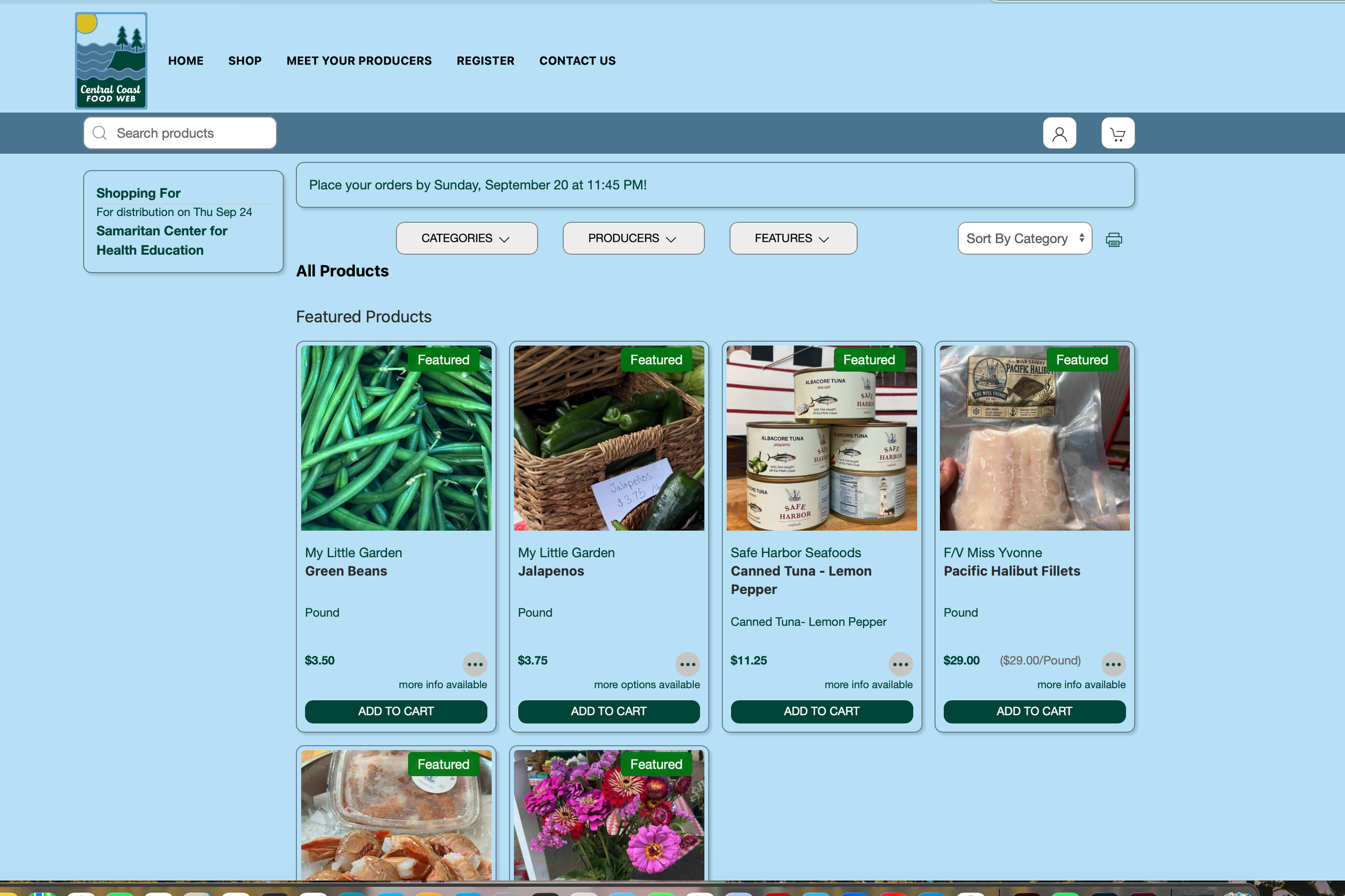 Screenshot of a food and produce website showing featured products such as green beans, jalapenos, canned tuna, and halibut fillets, with images, names, prices, and add to cart buttons.