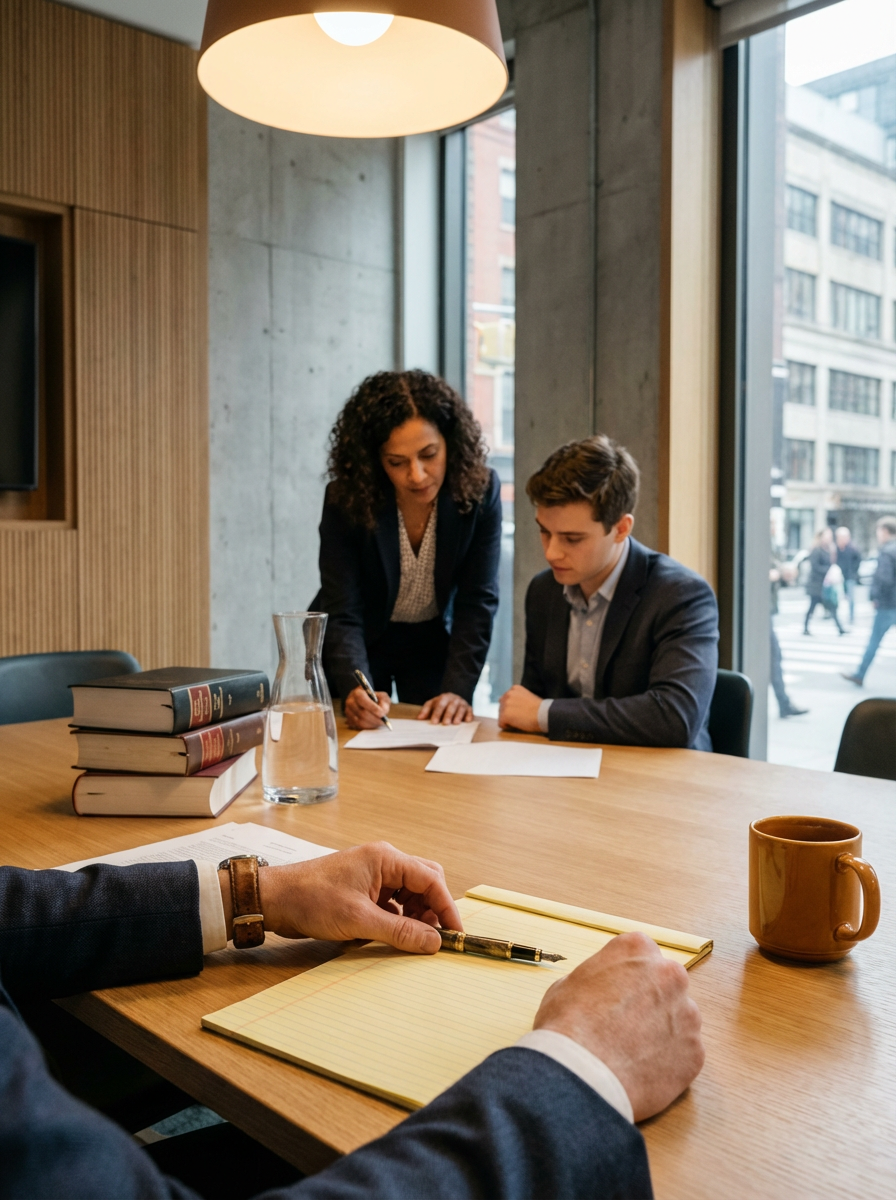 Business meeting with two people reviewing documents at a conference table in a modern office, with a third person in the foreground taking notes and a city street view outside the window.