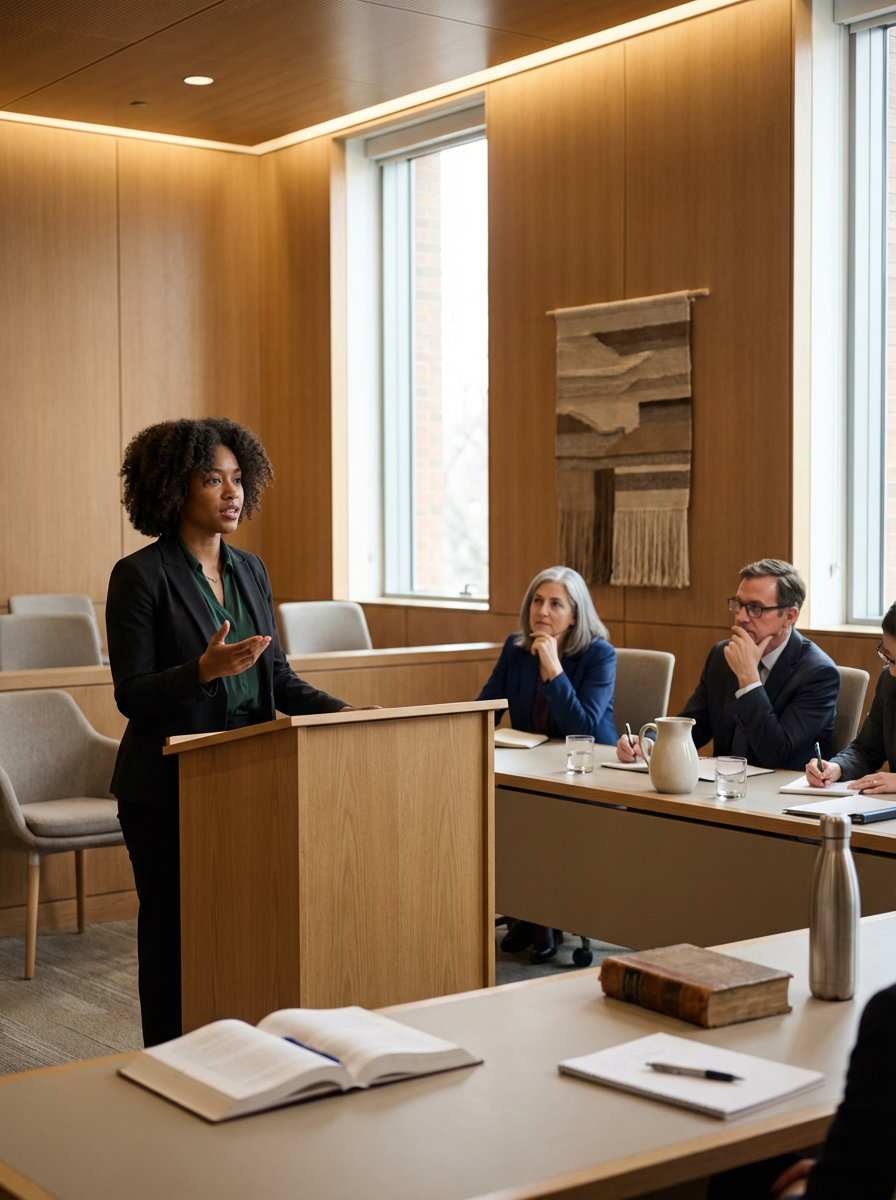 A woman in a black blazer and dark green shirt stands at a wooden podium speaking to three people seated at a table during a meeting or presentation in a well-lit room with wood-paneled walls and large windows.