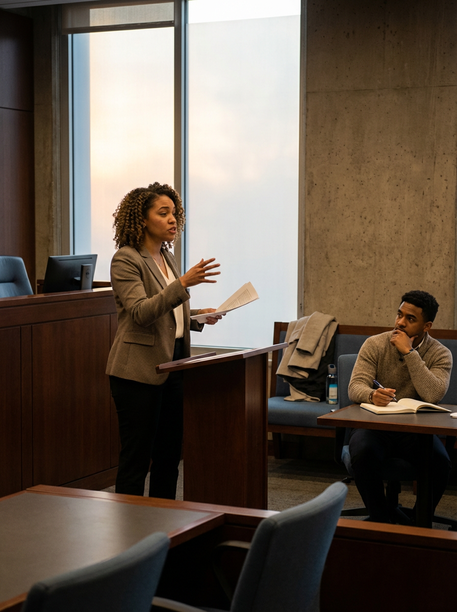 A woman giving a presentation or speech in a courtroom or conference room, with a man sitting at a desk listening and taking notes.