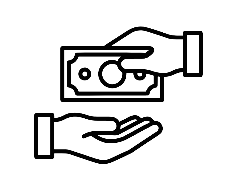 Outline drawing of one hand giving money to another hand.