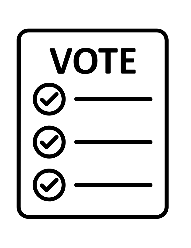 A black and white illustration of a voting ballot with the word "VOTE" at the top and three checkmarks next to lines for voting choices.