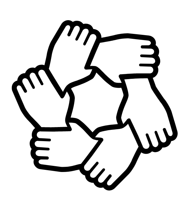 Illustration of six hands joined together in a circle, symbolizing teamwork and unity.
