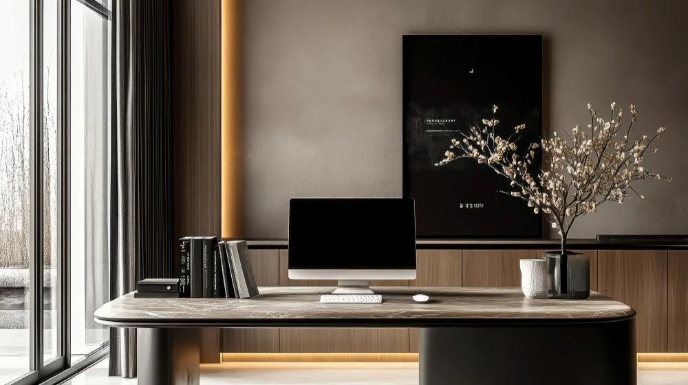 Modern office space with a marble desk, desktop computer, books, and a vase with branches, with a window on the left and a minimalist wall art piece in the background.