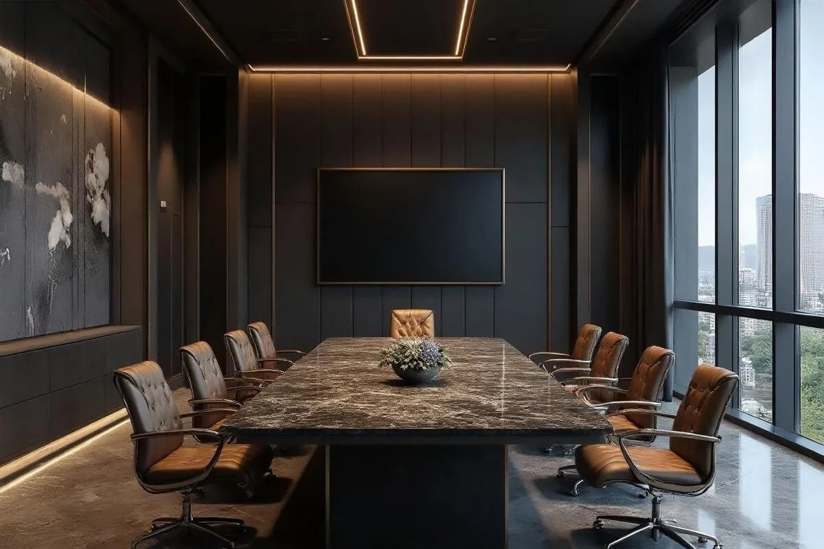 Modern conference room with a long marble table, eight leather office chairs, a large flat-screen TV on a dark wall, decorative wall art, and large windows showing a cityscape.