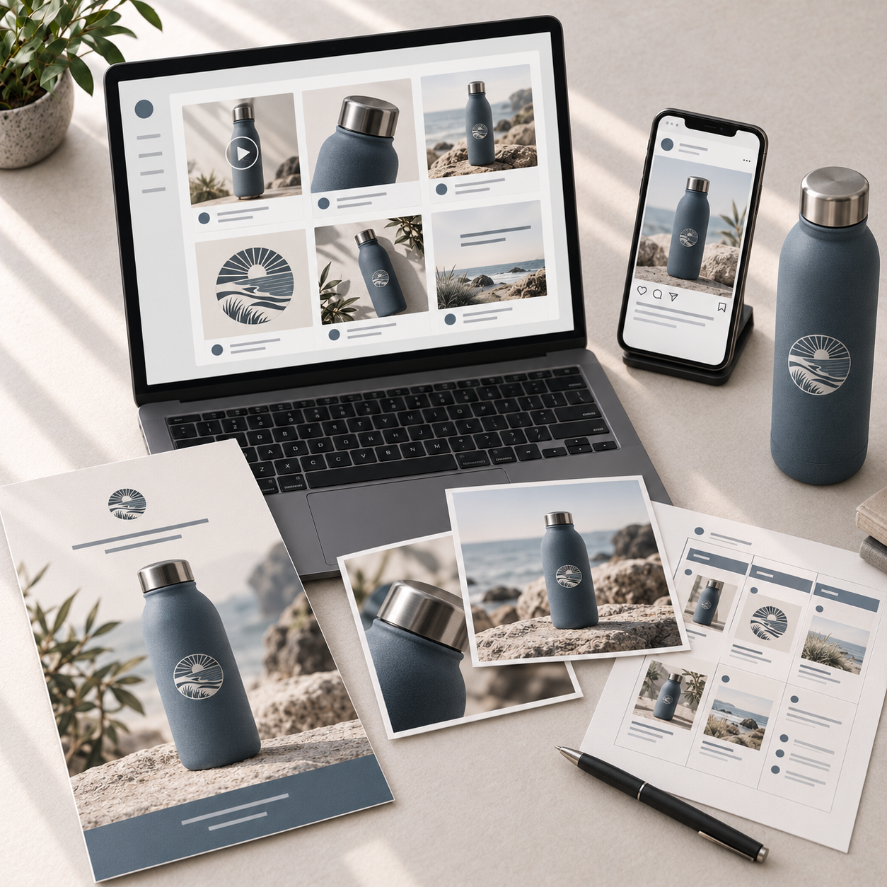 Workstation with a laptop, tablet, and smartphone displaying images of a blue water bottle with a sun and ocean design, surrounded by printed photos, papers, and a pen, set on a beige table with a potted plant nearby.