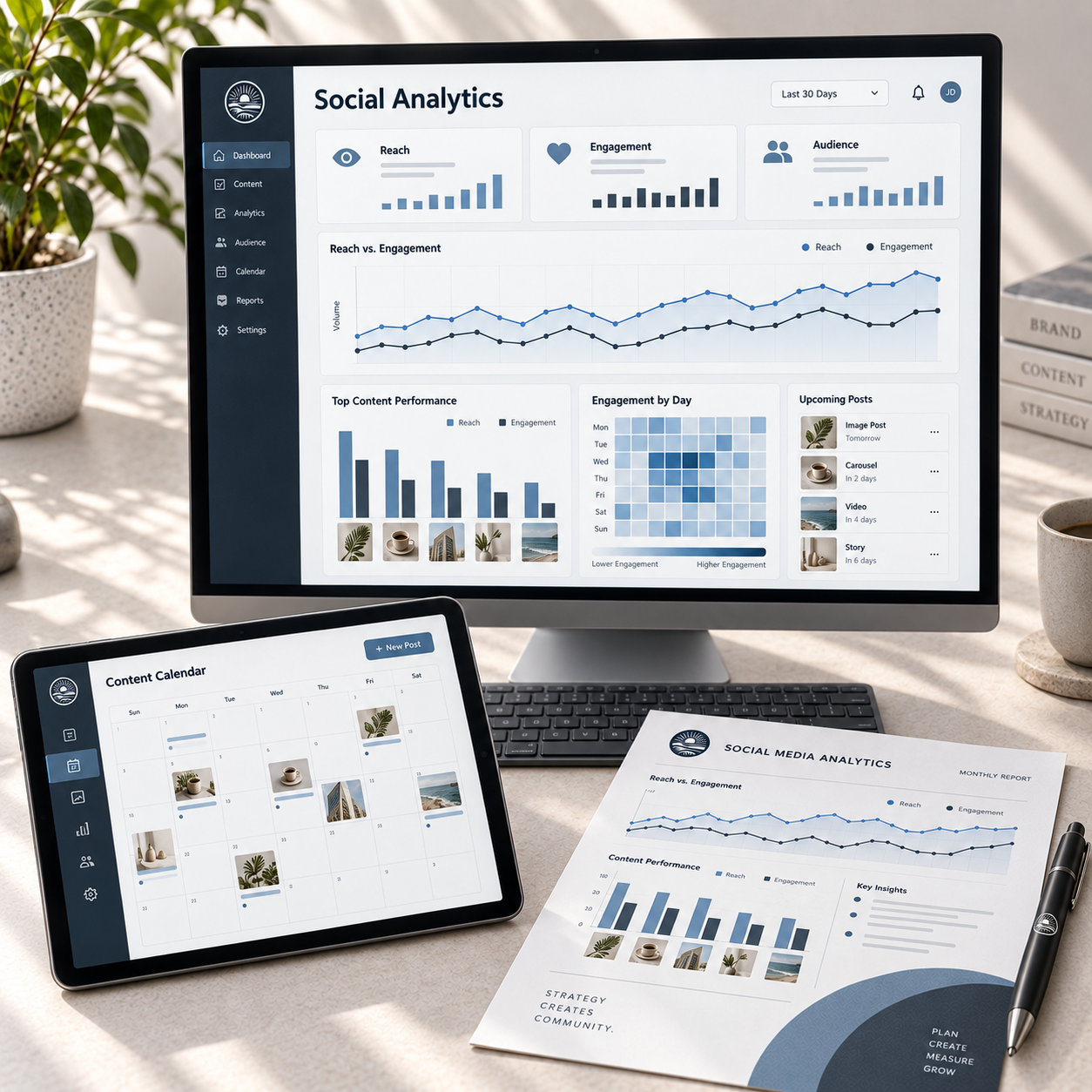 Computer monitor displaying social media analytics dashboard with graphs and charts, tablets showing content calendar and social media post schedule, printed report with graphs, pen, and office supplies on desk.