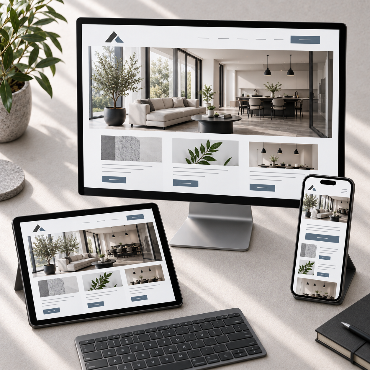A desk setup displaying a computer monitor, a tablet, and a smartphone all showing a website for interior design with images of a modern living room and dining area, surrounded by a potted plant and a keyboard.
