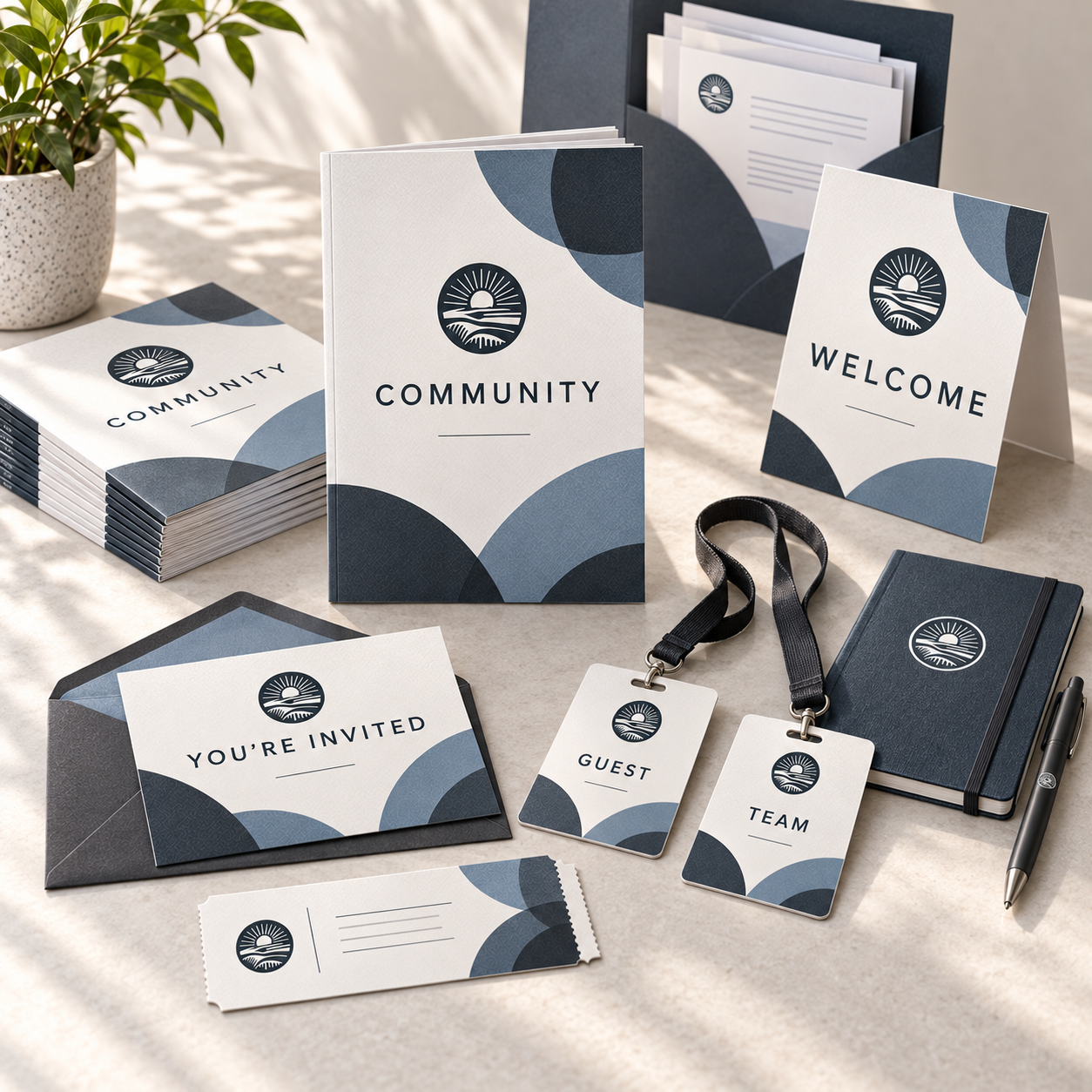 Office desk with community event materials, including brochures, welcome sign, invitation card, guest and team badges, notebook, pen, and a potted plant. The materials feature a blue and white color scheme with a logo of a sunrise over water.