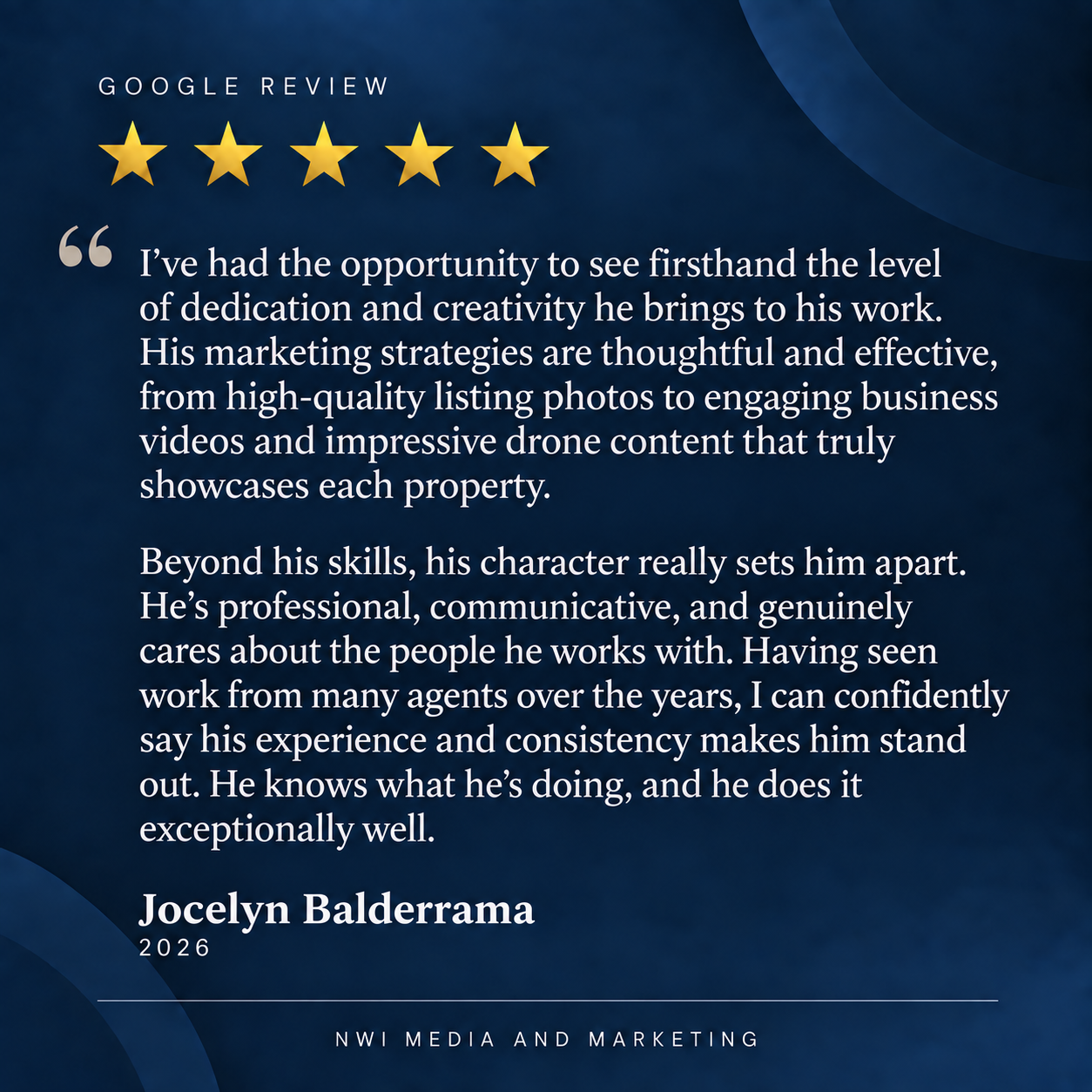 Google review graphic with five gold stars and a detailed positive review about Jocelyn Balderrama, dated 2026, from NW I Media and Marketing.