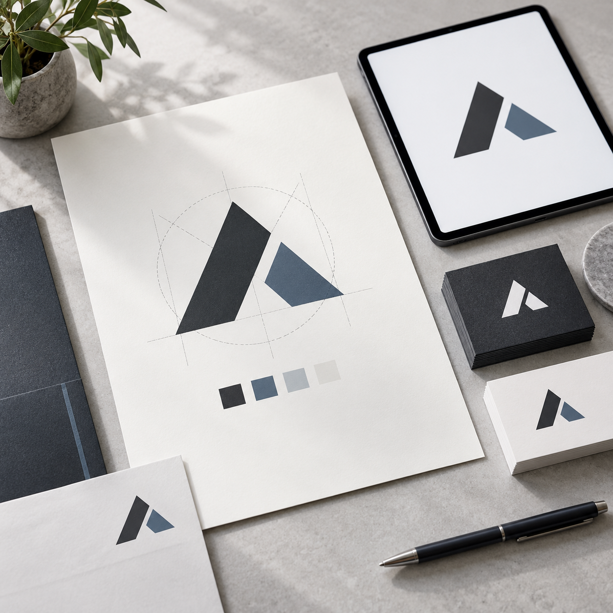A workspace featuring branding materials with a logo of a black and gray triangle, a color palette, business cards, a book, a pen, and a tablet displaying the same logo, with a potted plant nearby.