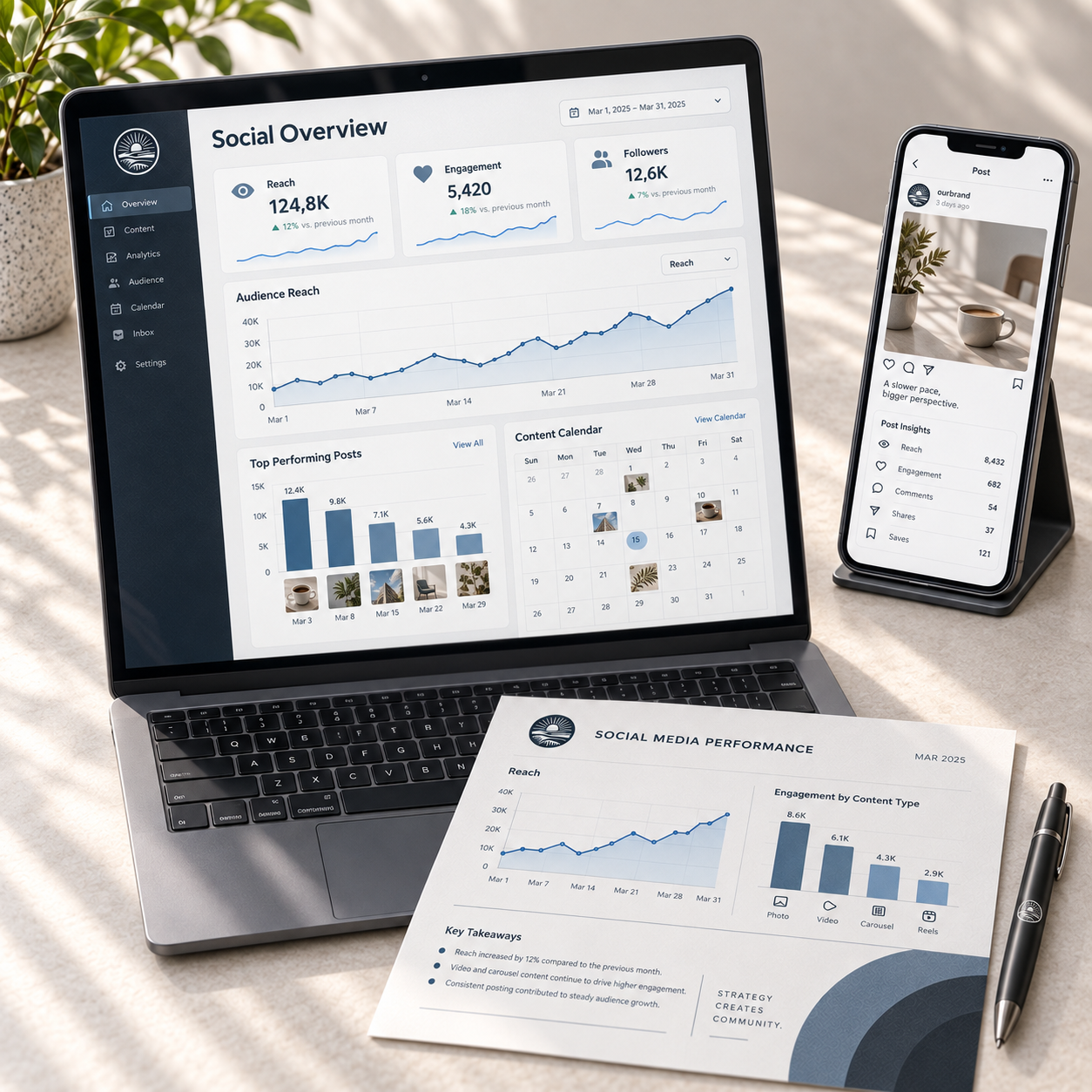 Laptop and smartphone displaying social media analytics, with printed reports and a pen on a desk.