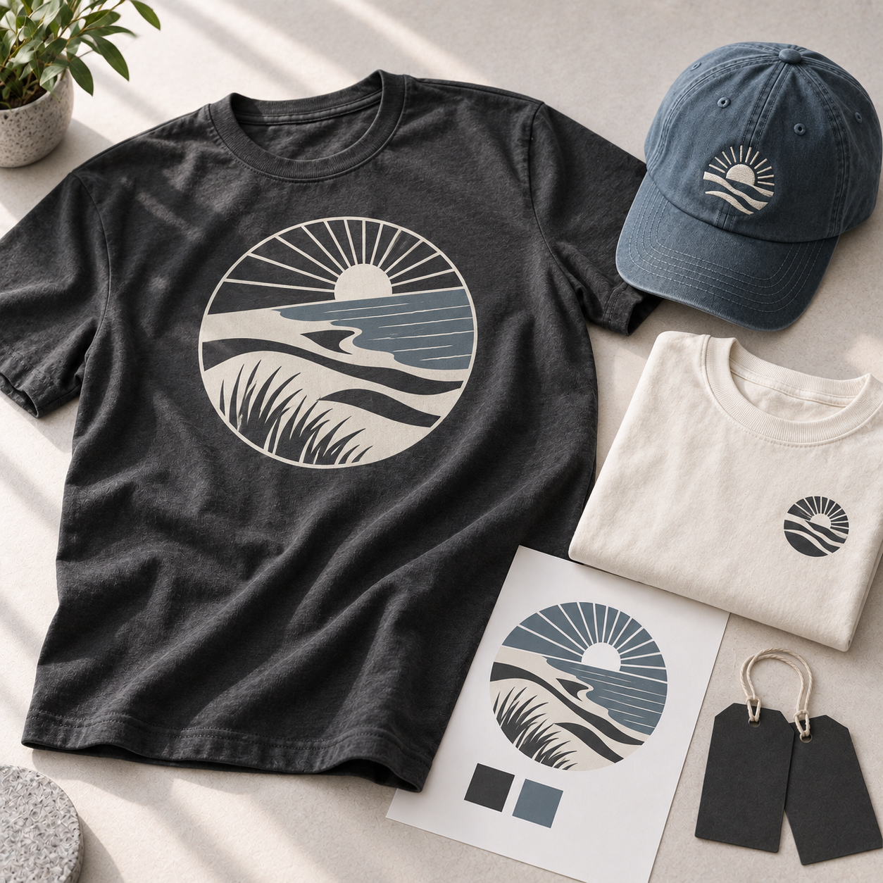 Set of clothing and accessories with a sunset and wave design, including a black T-shirt, a white T-shirt, a cap, and a printed sheet, placed on a light surface with a small potted plant nearby.