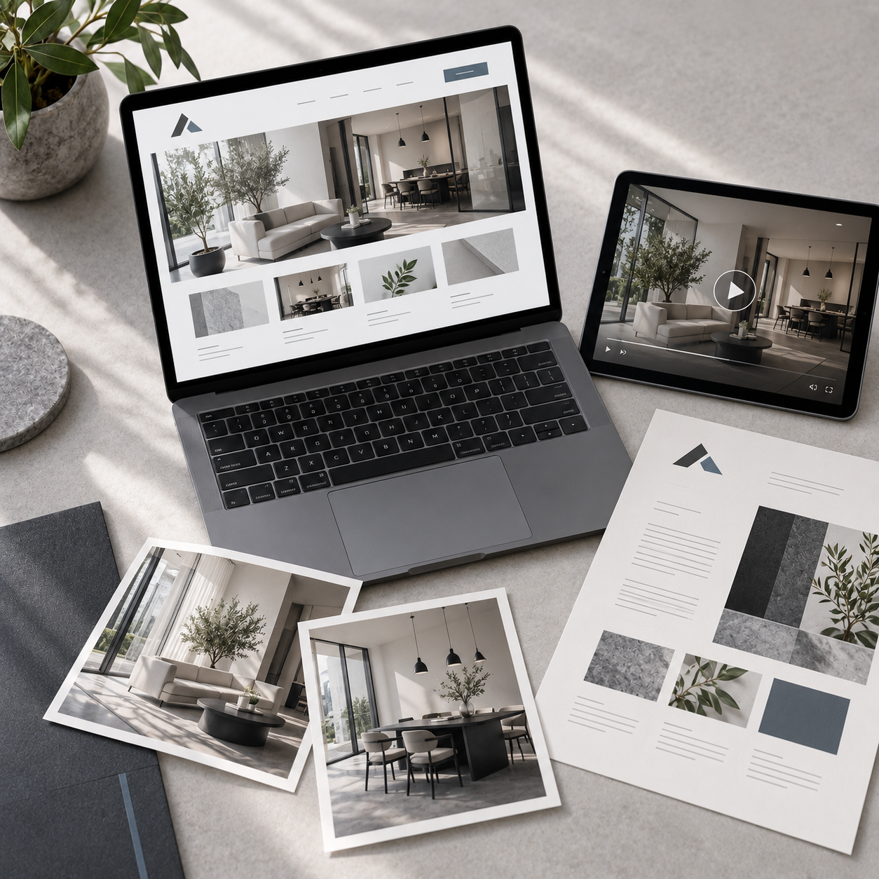 Laptop and tablet displaying interior design images of a modern living room and dining area on a workspace with printed design samples and photographs.