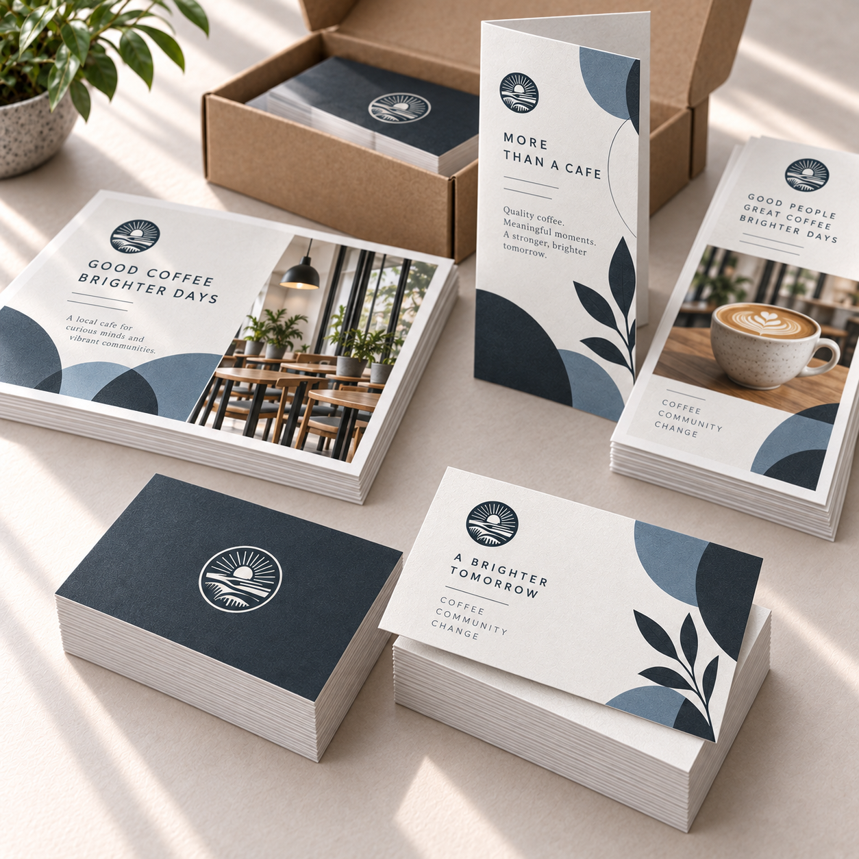 Stacks of flyers and brochures for a coffee shop, featuring images of the cafe interior, coffee, and motivational messages about community and brighter days, with a plant in a pot nearby.