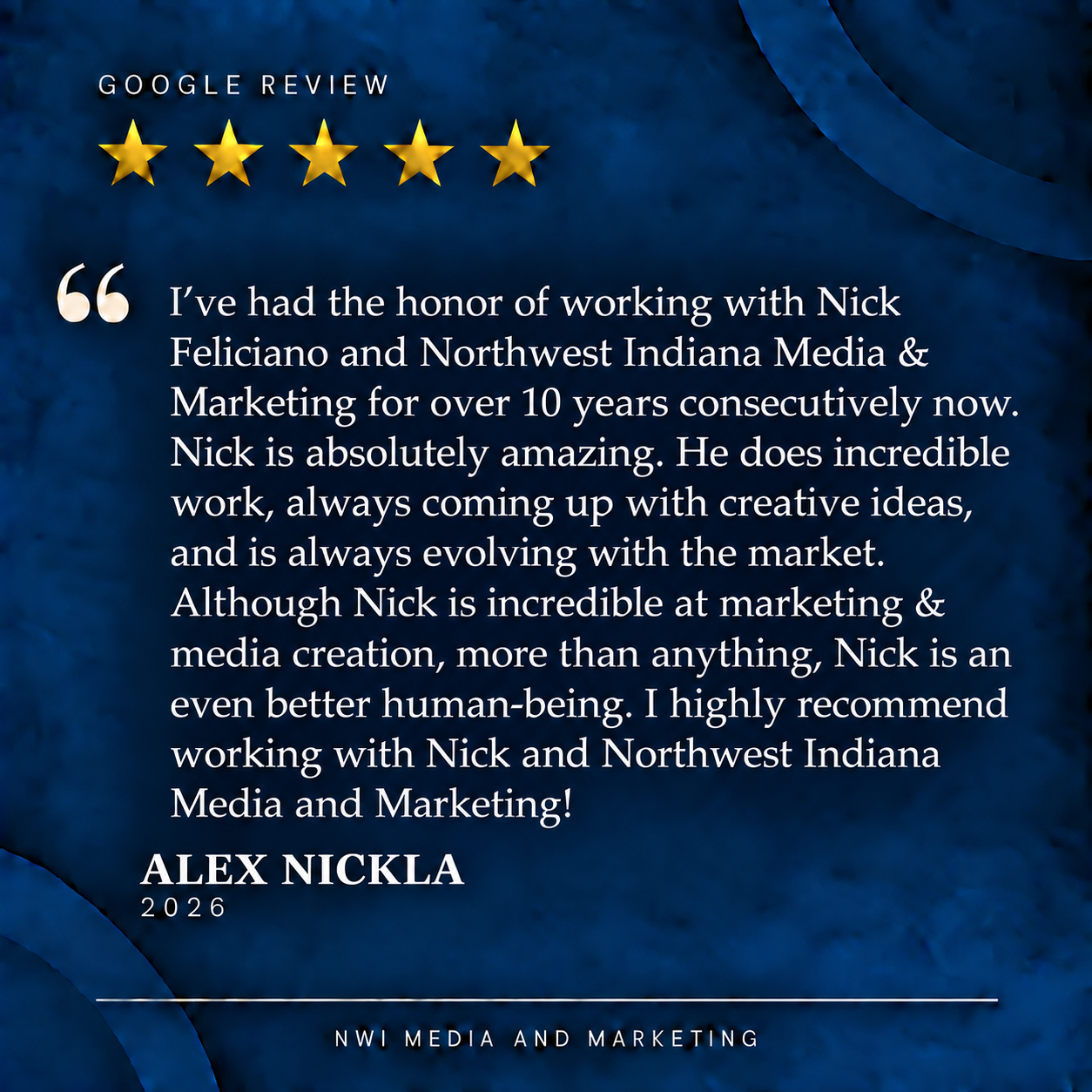 Testimonial graphic with five gold stars at the top, followed by a quote praising Nick Feliciano and Northwest Indiana Media & Marketing, signed by Alex Nickla with the year 2026, and a footer with NW I Media and Marketing