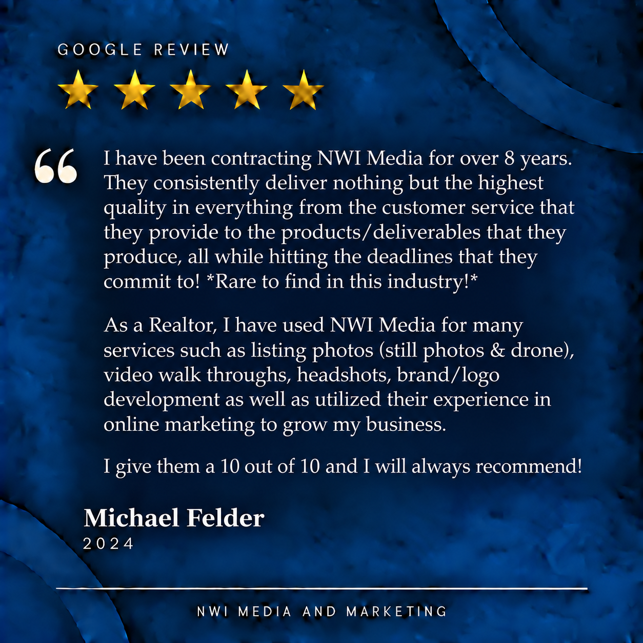 A testimonial graphic with a five-star rating, quoting a Realtor praising NWI Media for over 8 years of service, including customer service, deadlines, and online marketing expertise. The testimonial is signed by Michael Felder, dated 2024, with a da