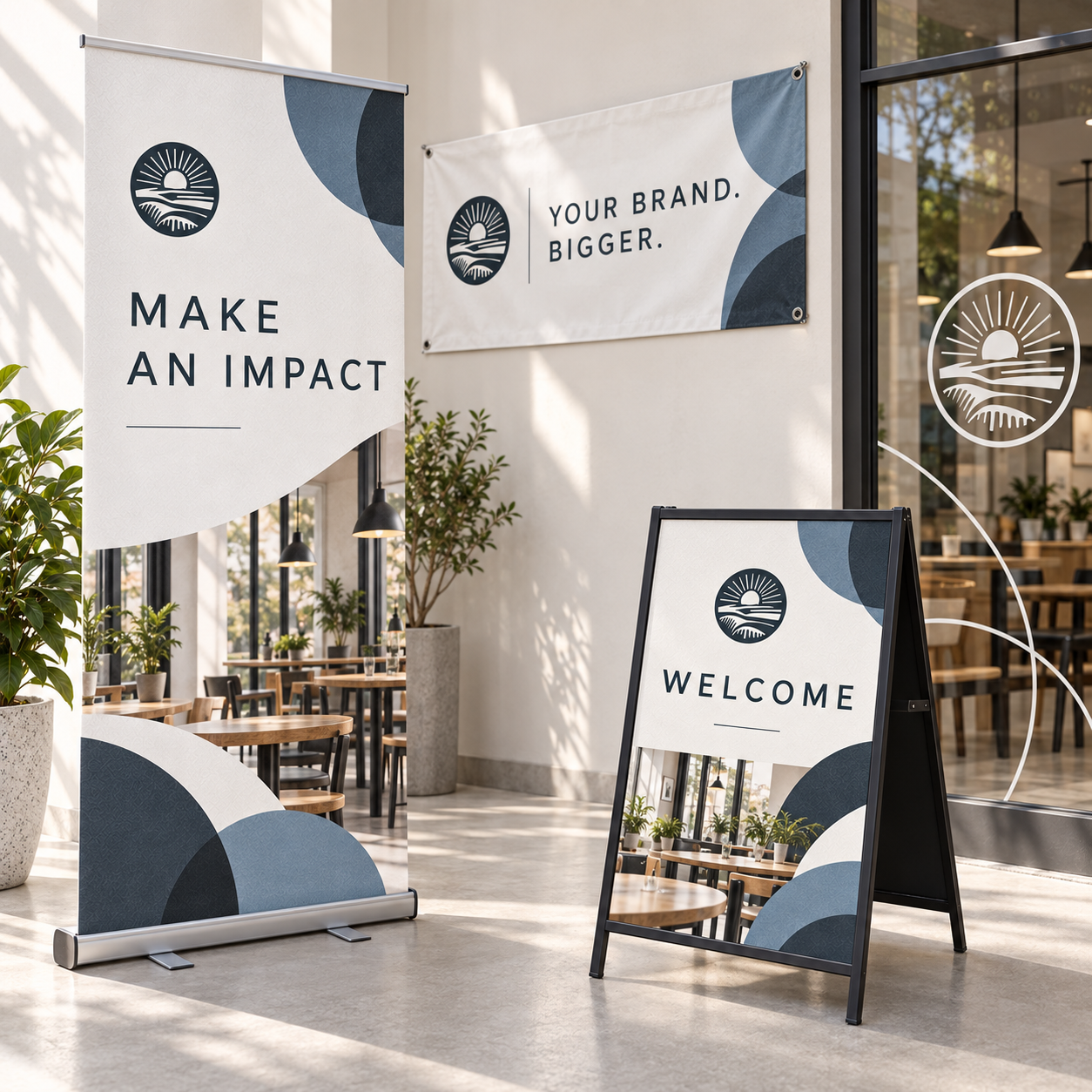 Indoor cafe entrance with welcome signboard and banners displaying logos and slogans such as "Make an Impact," "Your Brand Bigger," and the logo of a sun over water and landscape. Plants and tables are visible inside.