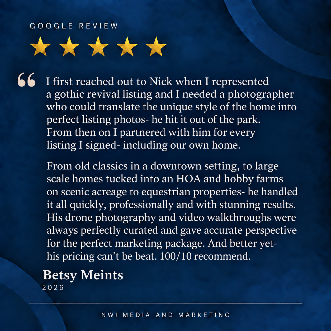 Google review with five gold stars and a testimonial from Betsy Meints praising a photographer for excellent house listing photos, drone photography, and professional service.