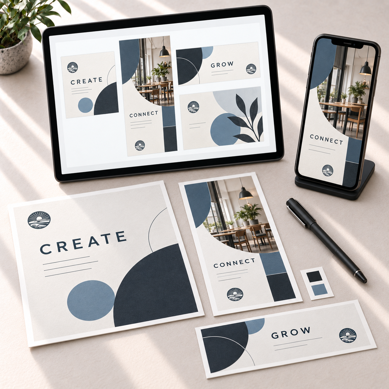 Design mockups for a brand or project with words "Create," "Connect," and "Grow," showing abstract shapes, a logo, and interior photos, on a tablet, phone, and printed materials, with a pen and color swatches on a desk.