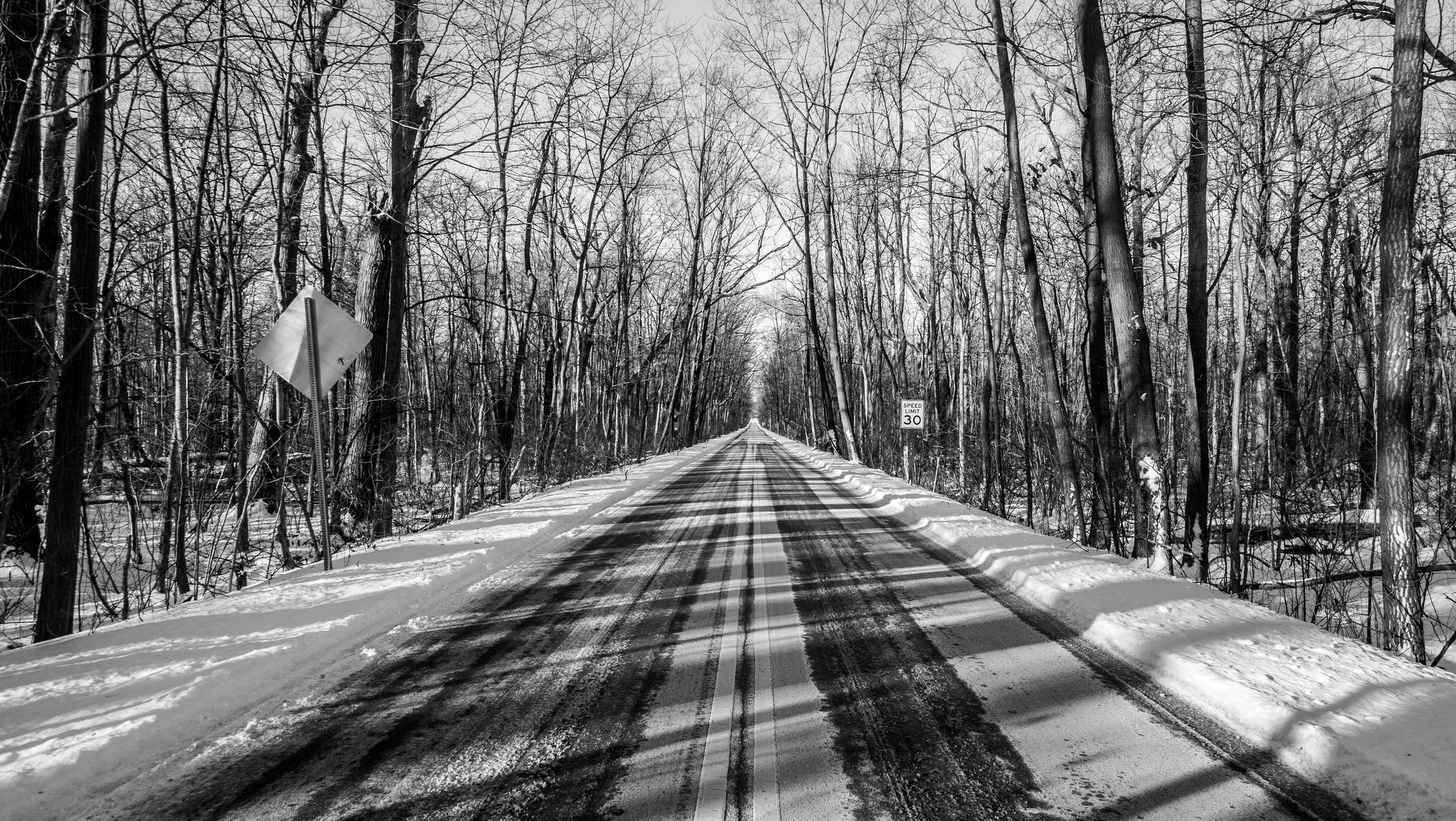 A snow-covered road runs through a forest of leafless trees on a cloudy winter day. A speed limit sign indicates 30 miles per hour.
