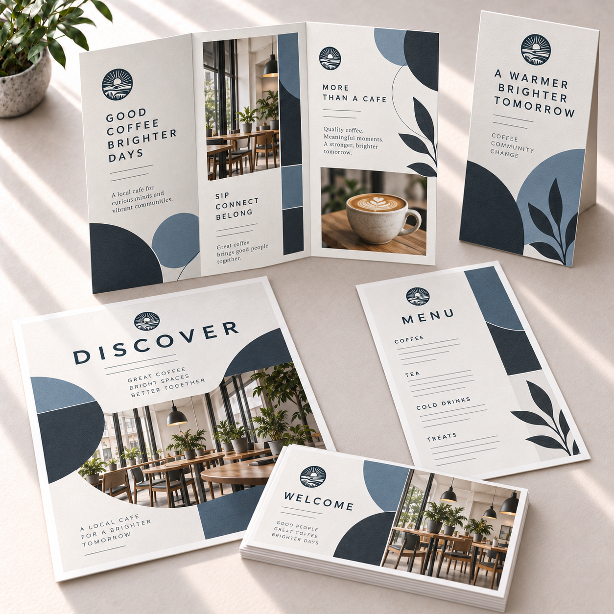 Set of coffee shop flyers and menus with a minimalist design featuring blue, gray, and white colors, images of interior space with tables, chairs, and potted plants, promoting a local coffee shop.