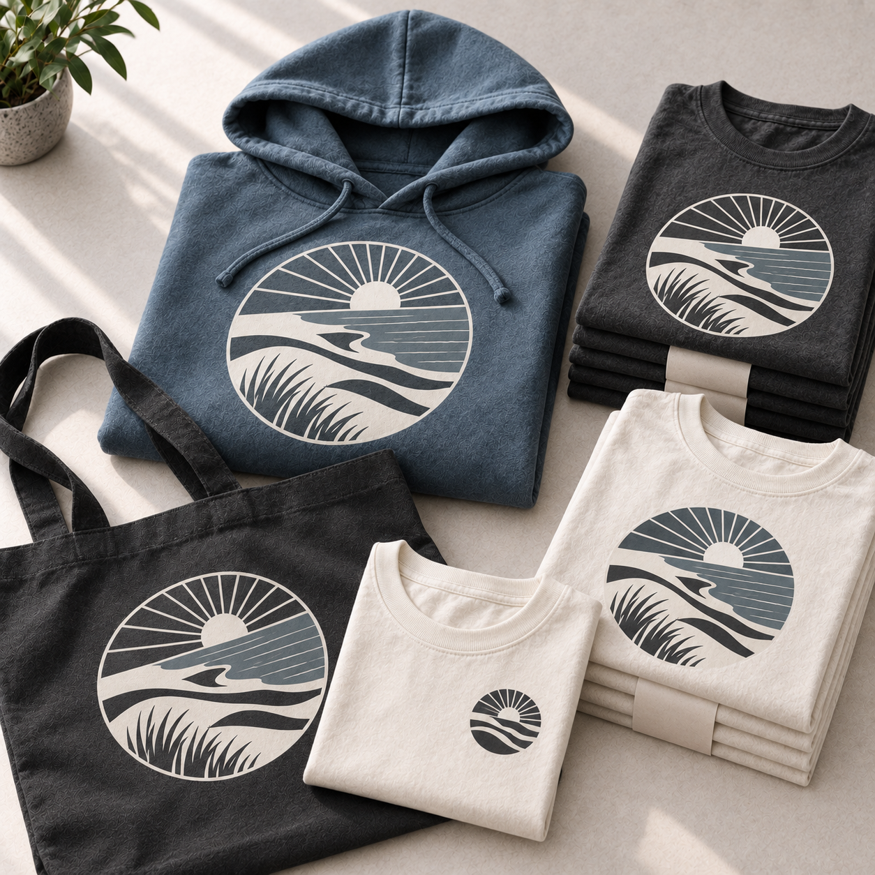 Folded hoodies, T-shirts, and tote bags with a sunset and landscape design, on a light surface with a plant nearby.