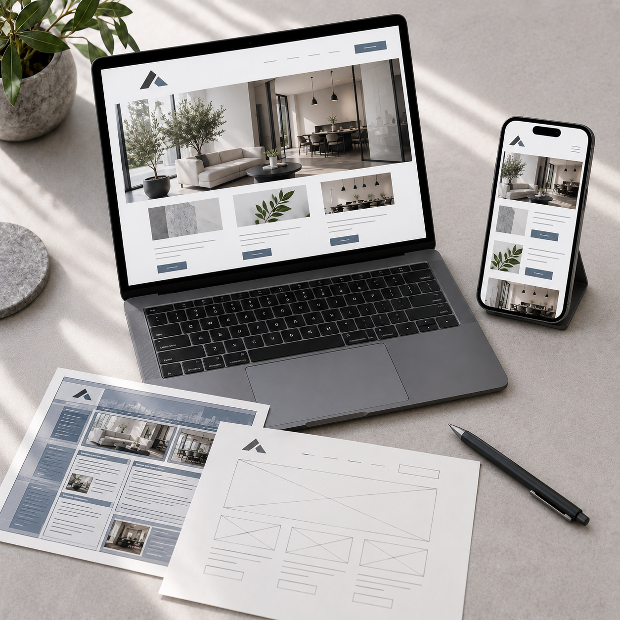 Design workspace with a laptop and smartphone displaying interior design images and layouts on a light-colored desk.