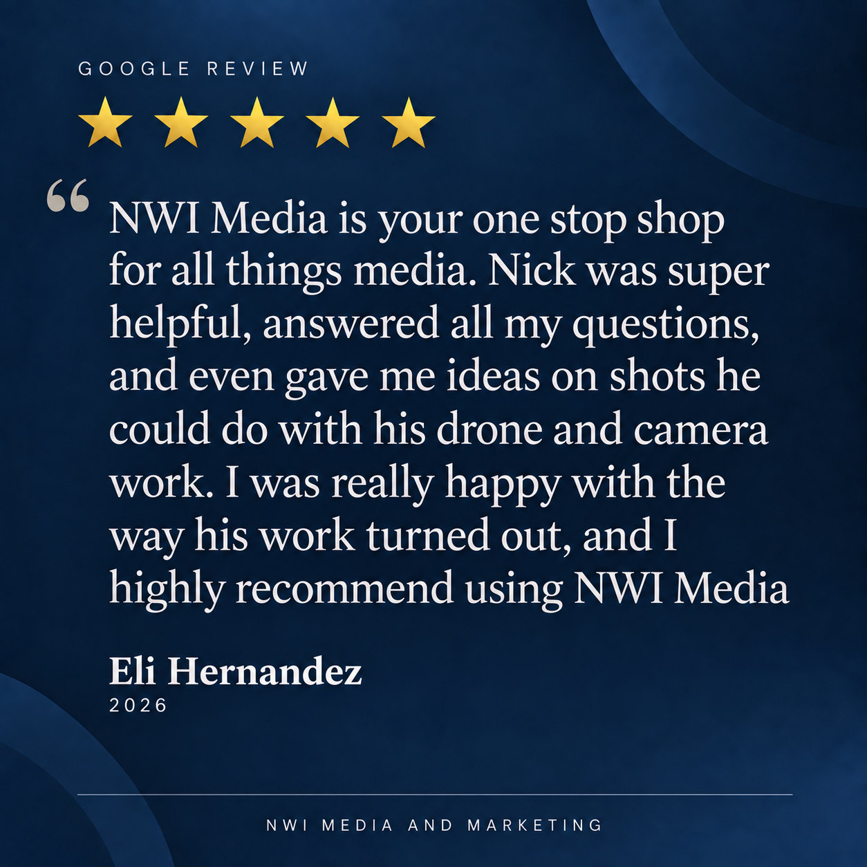 Customer review with five gold stars for NWI Media, praising Nick's helpfulness, answers, and drone and camera ideas, signed by Eli Hernandez, 2026, under NWI Media and Marketing.