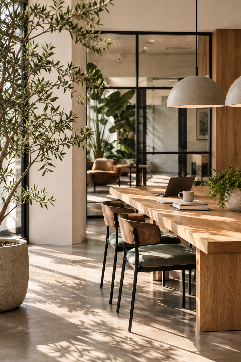 Modern office or conference room with wooden table, chairs, potted plants, and large windows, natural sunlight casting shadows.