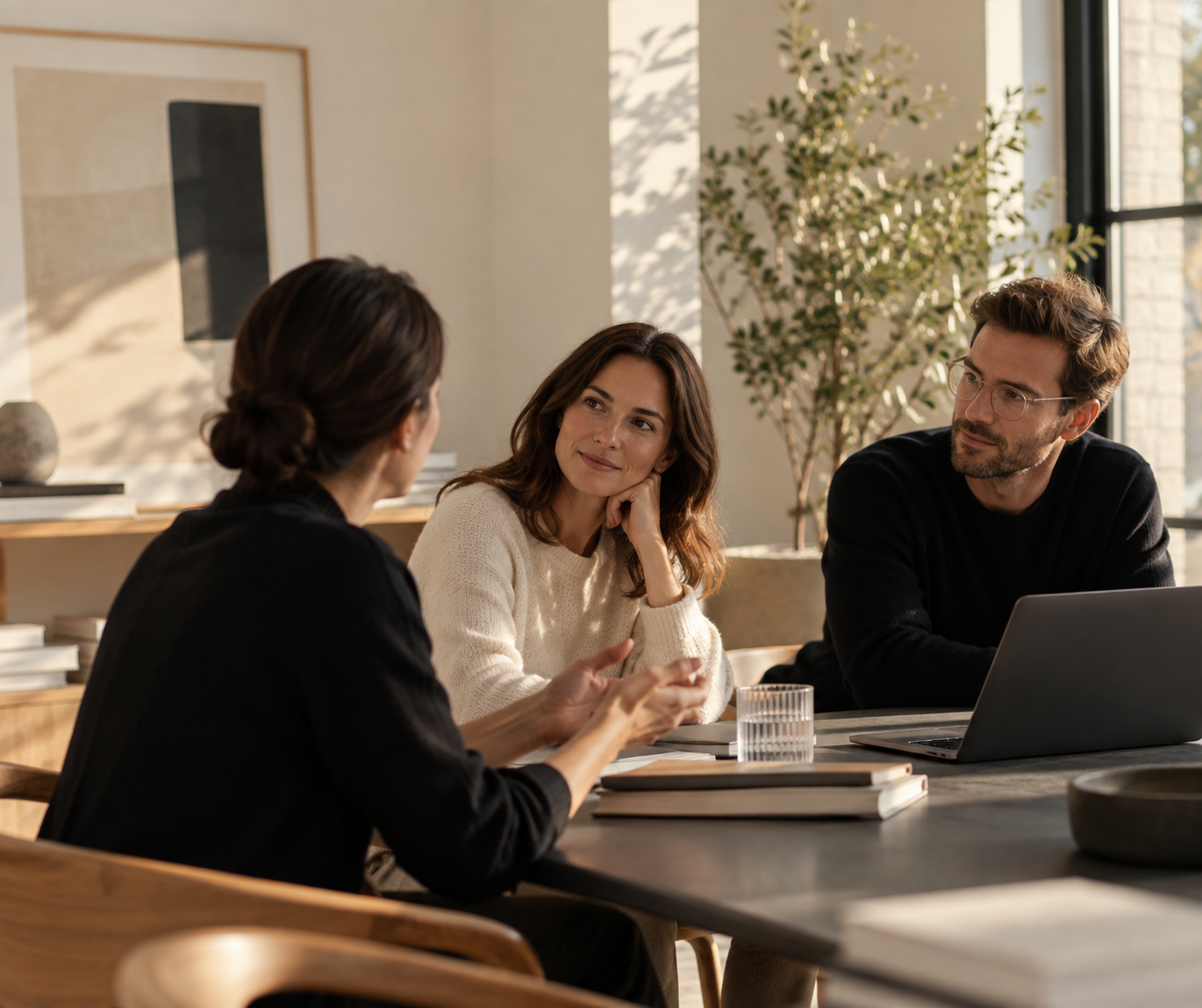 Three people having a discussion at a table in a well-lit room with a window and a plant in the background.