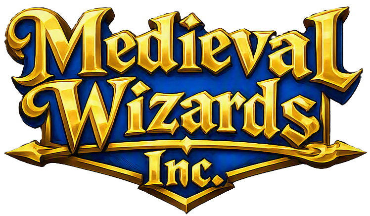 Logo for Medieval Wizards Inc., featuring gold and blue medieval-style text.