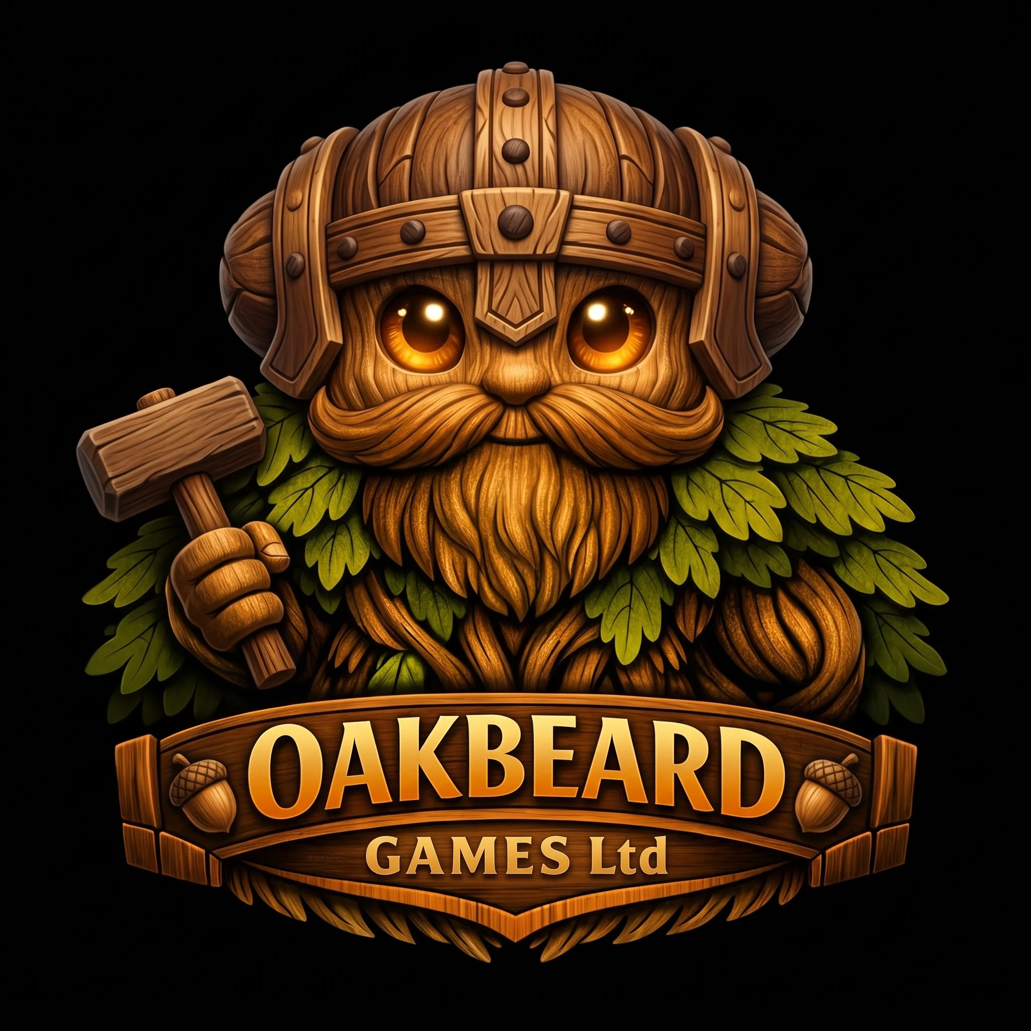 Logo for Oakbear Games Ltd featuring a wooden bear with glowing eyes, a crown, and a banner with the company name.