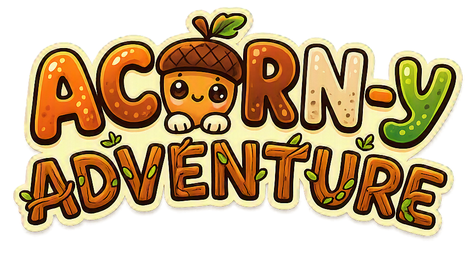 Colorful sticker design with the words 'Acorn-y Adventure' featuring a cute acorn character with big eyes and a happy expression, surrounded by small leaves and decorated letters.